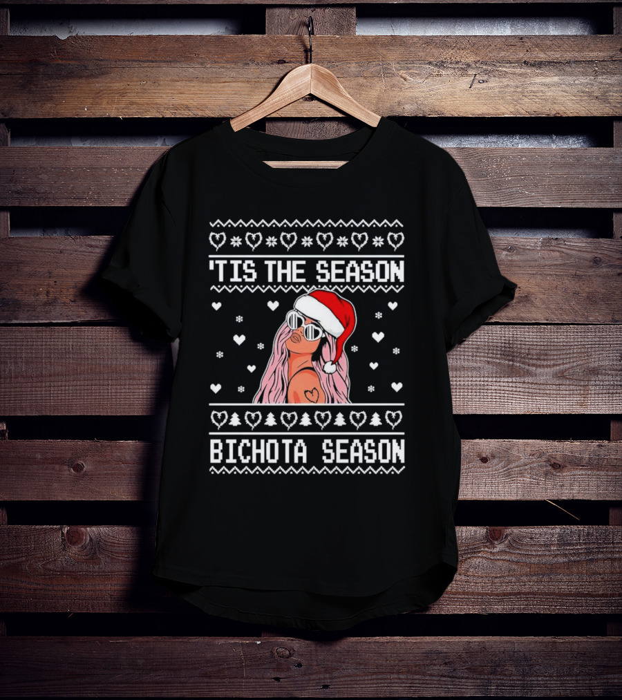 Bichota Season 'Tis The Season Christmas Santa Hat Hearts And Snowflakes T-Shirt