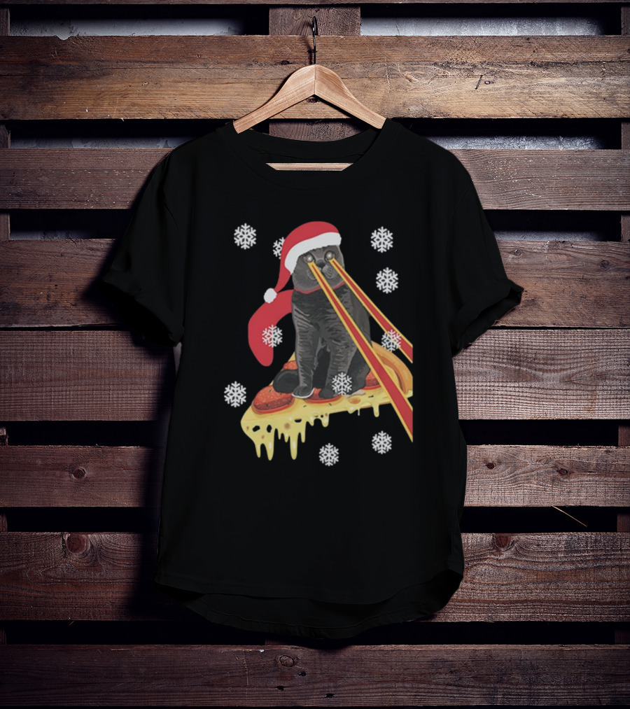 The Guardians Of The Galaxy Drax Cat Pizza Laser Eyes Santa Hat Christmas Snowflakes T-Shirt