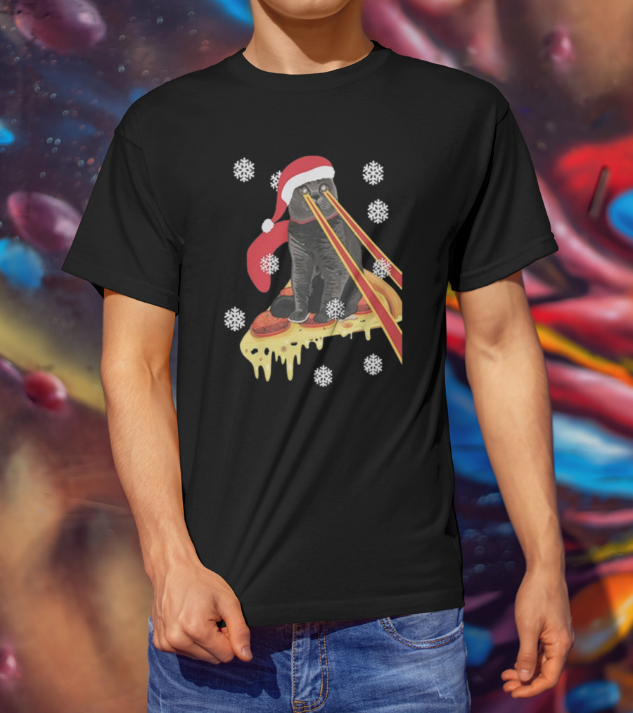 The Guardians Of The Galaxy Drax Cat Pizza Laser Eyes Santa Hat Christmas Snowflakes T-Shirt