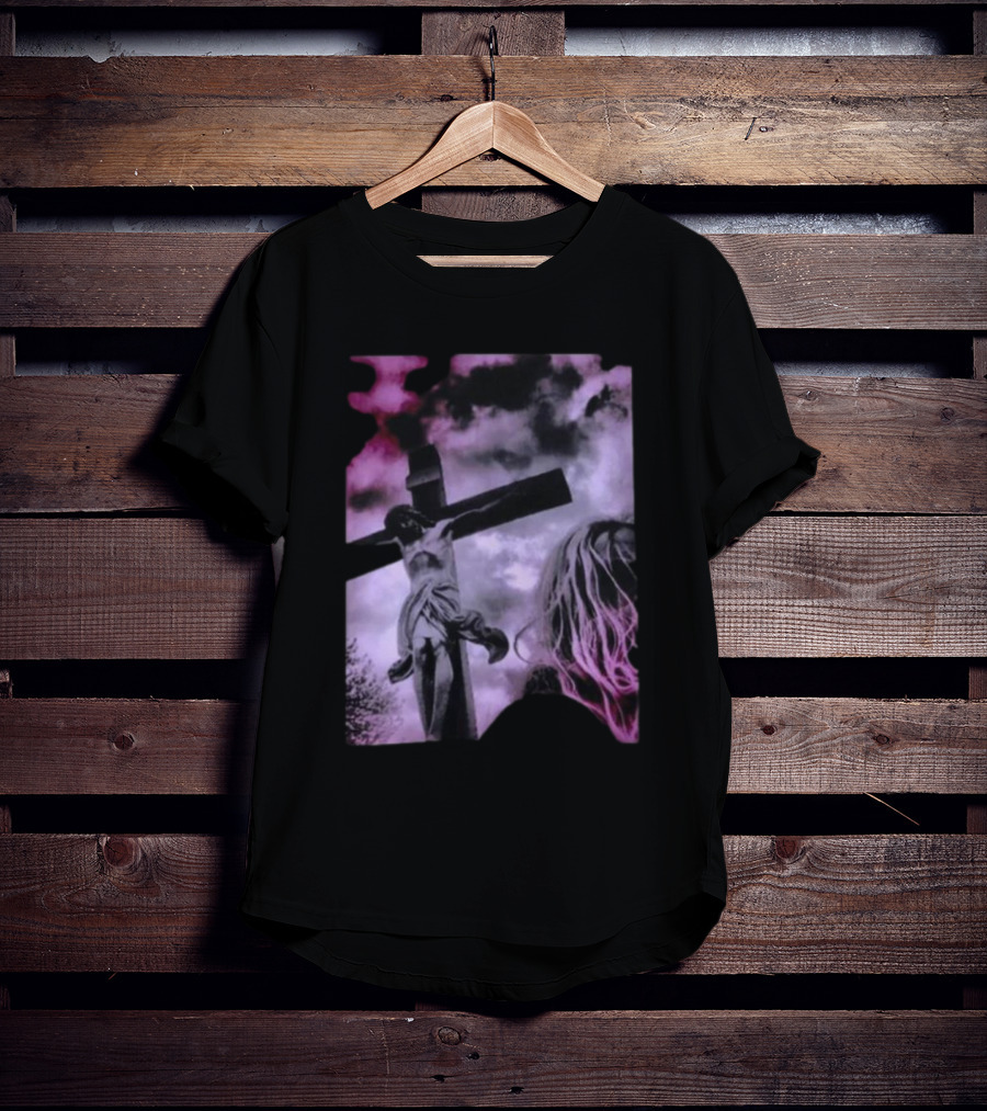 Zakk Wylde Jesus Crucifixion Image With Dark Sky And Blonde Hair Motif T-Shirt