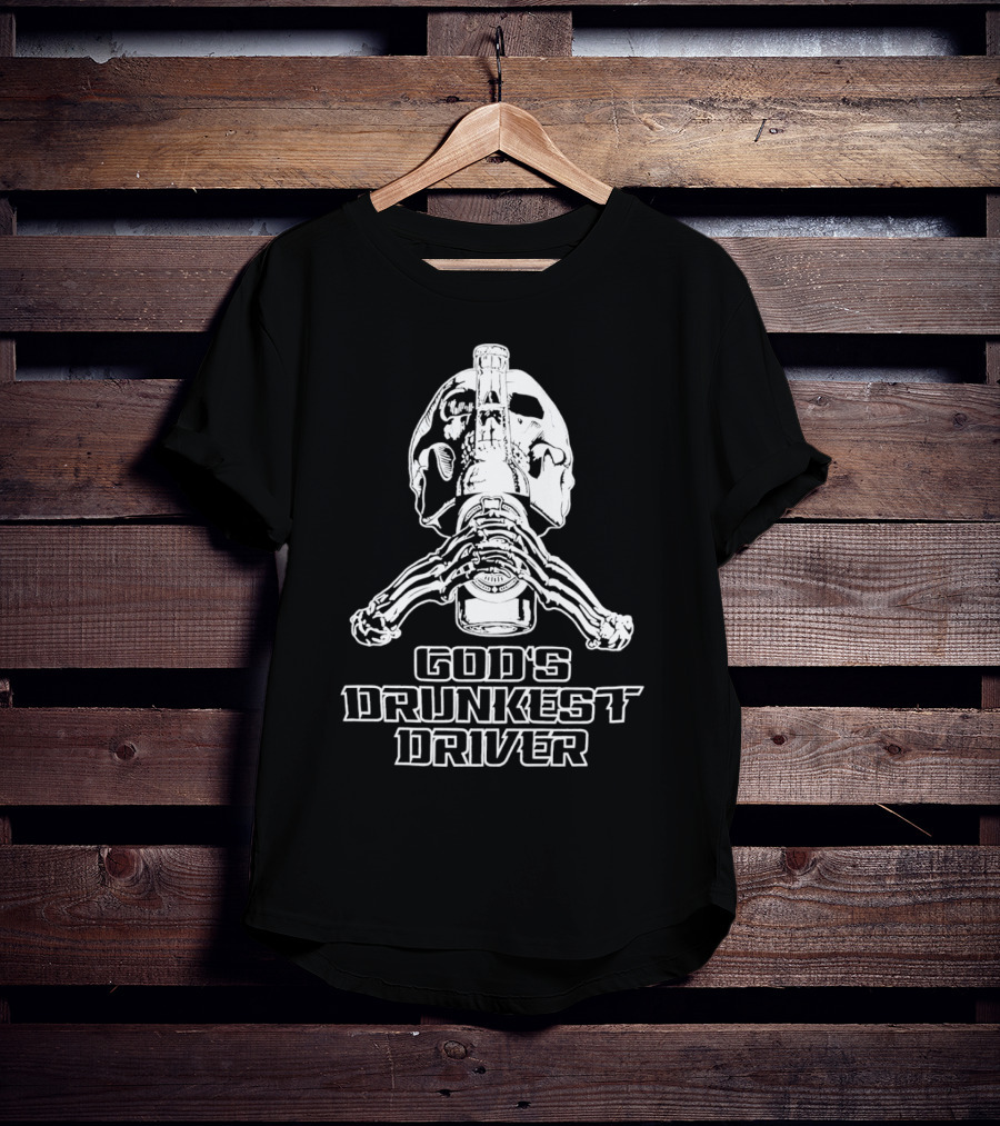 God's Drunkest Driver Skeleton Skull Holding Bottle T-Shirt