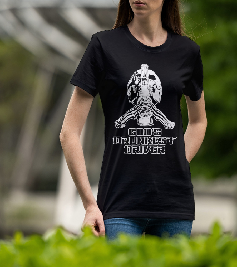 God's Drunkest Driver Skeleton Skull Holding Bottle T-Shirt