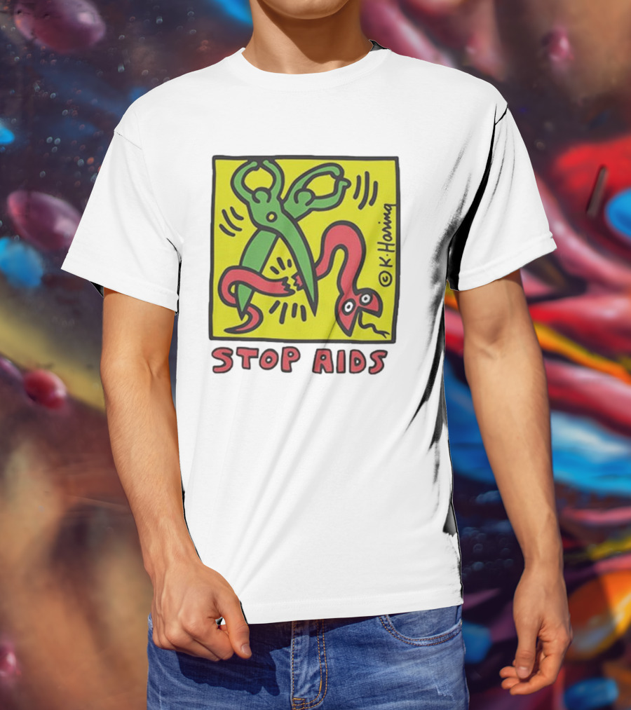 Keith Haring Stop Aids Scissors Cutting Snake T-Shirt