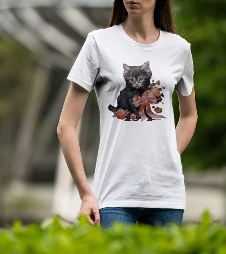 Kimchi And Miso Cute Cat With Bow And Flowers T-Shirt