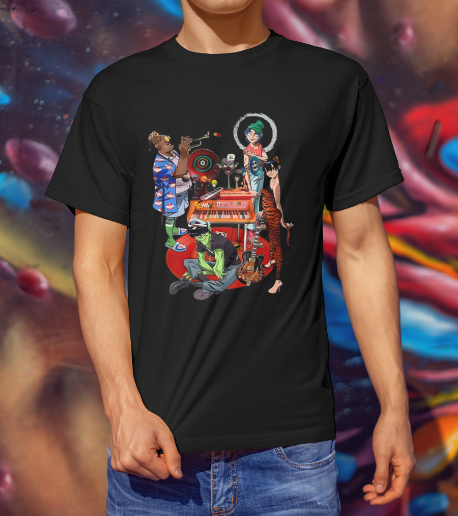Gorillaz Song Machine Band Characters Keyboard And Trombone T-Shirt