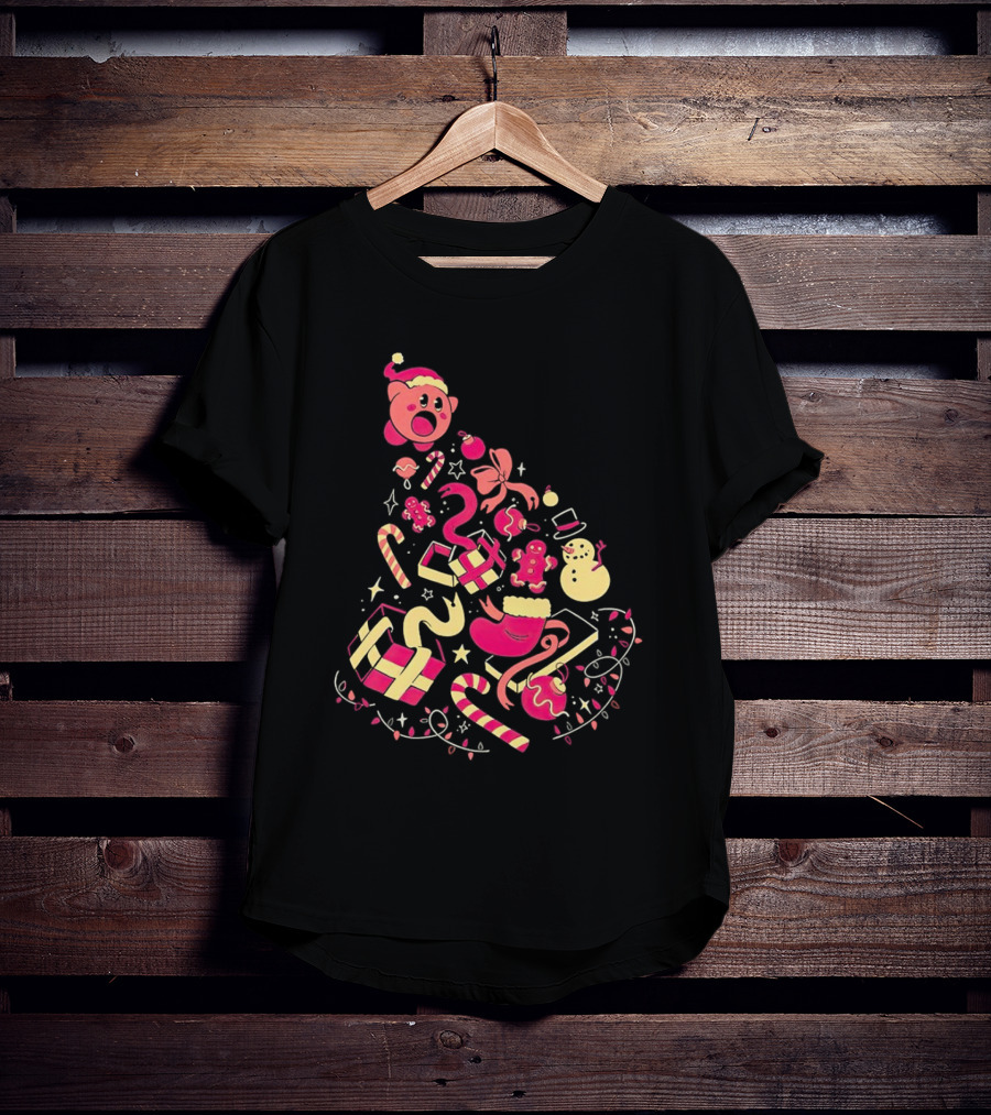 Kirby Christmas Santa Hat And Holiday Icons T-Shirt