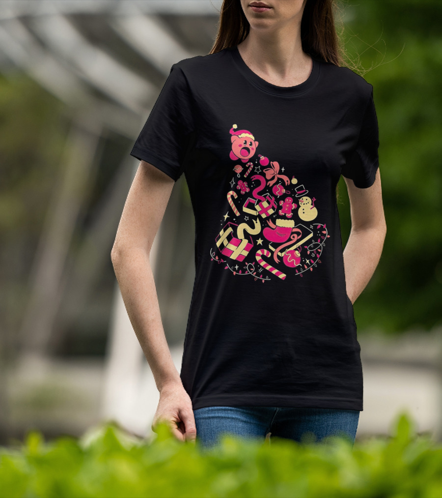 Kirby Christmas Santa Hat And Holiday Icons T-Shirt
