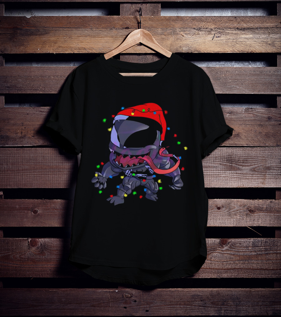 Venom Spiderman Marvel Christmas Lights Santa Hat T-Shirt