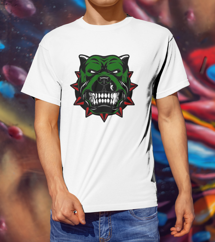Angry Pitbull With Green Face And Red Spiked Collar Merry Christmas T-Shirt