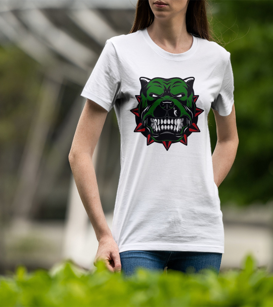 Angry Pitbull With Green Face And Red Spiked Collar Merry Christmas T-Shirt