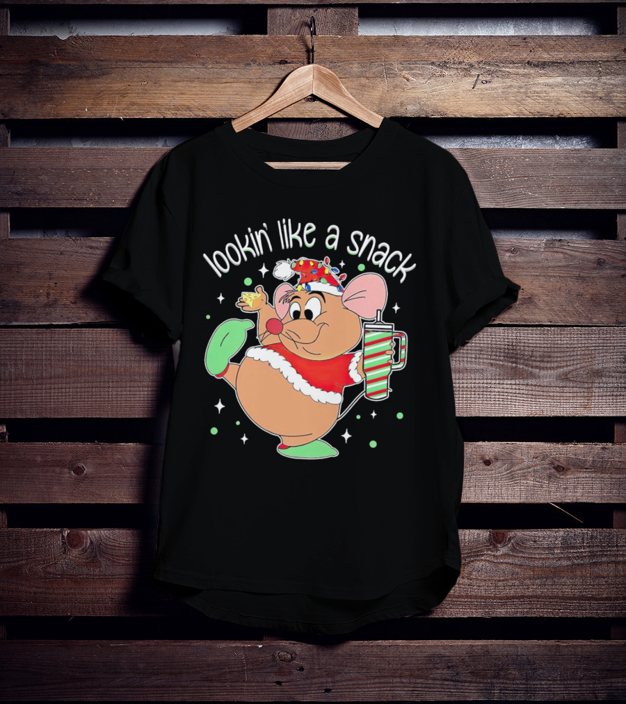 Lookin' Like A Snack Santa Mouse Holding Cheese And Peppermint Drink T-Shirt