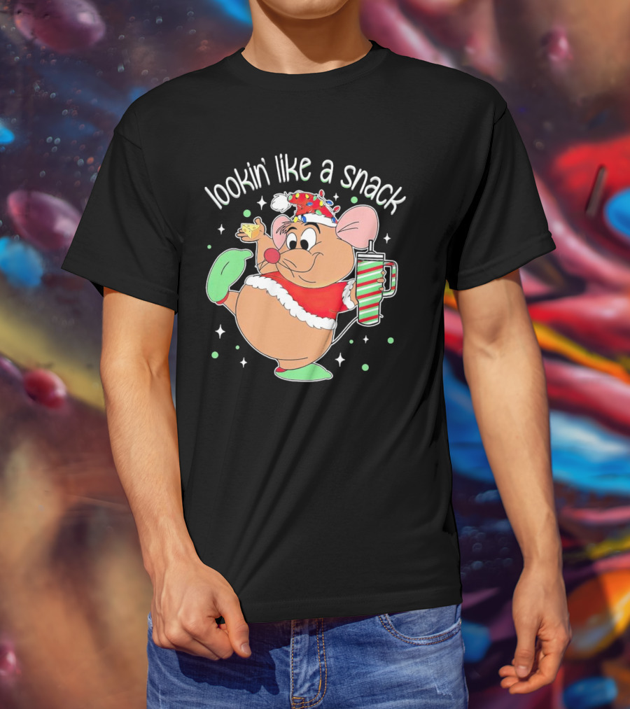 Lookin' Like A Snack Santa Mouse Holding Cheese And Peppermint Drink T-Shirt