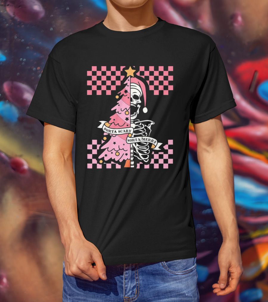 Skeleton Sorta Scary Sorta Merry Christmas Tree Split T-Shirt