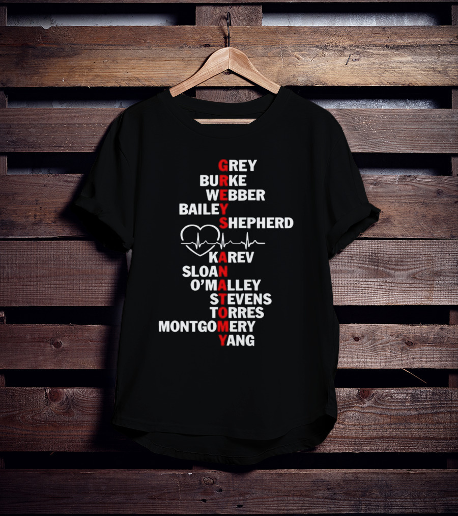 GREYS ANATOMY Grey Burke Webber Bailey Shepherd Karev Sloan O'Malley Stevens Torres Montgomery Yang Heartbeat T-Shirt