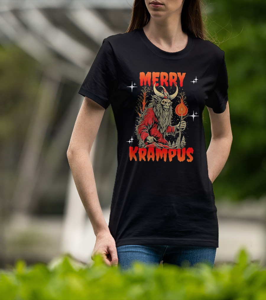 Merry Krampus Horror Christmas Demon With Fiery Torch In Forest Scene T-Shirt