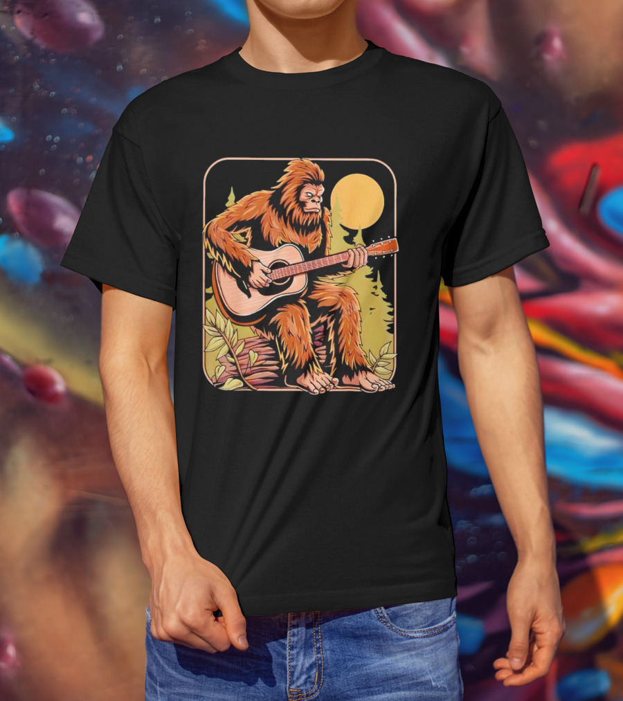 Bigfoot Playing Acoustic Guitar In Forest Scene T-Shirt