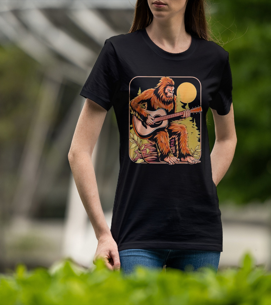 Bigfoot Playing Acoustic Guitar In Forest Scene T-Shirt