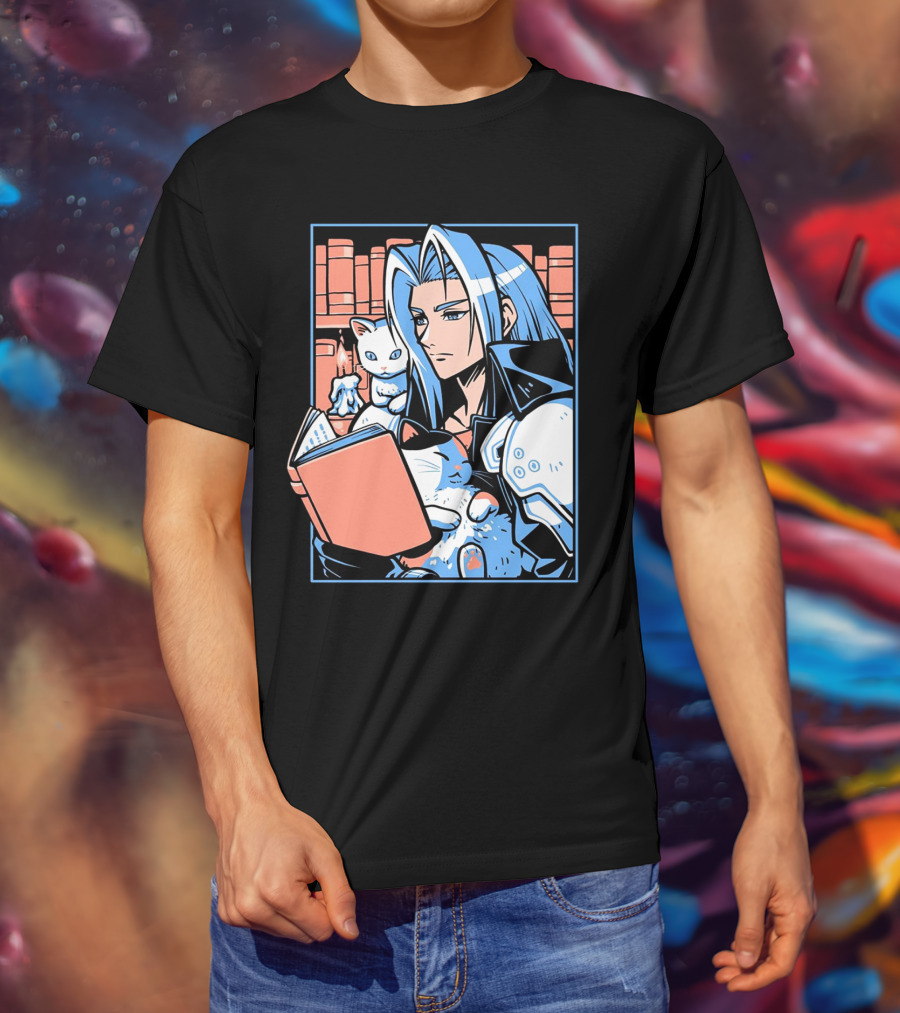 Sephiroth Reading In Basement Library With Cats And Books T-Shirt