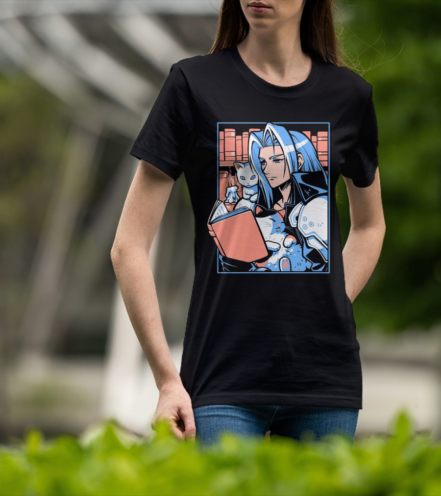 Sephiroth Reading In Basement Library With Cats And Books T-Shirt