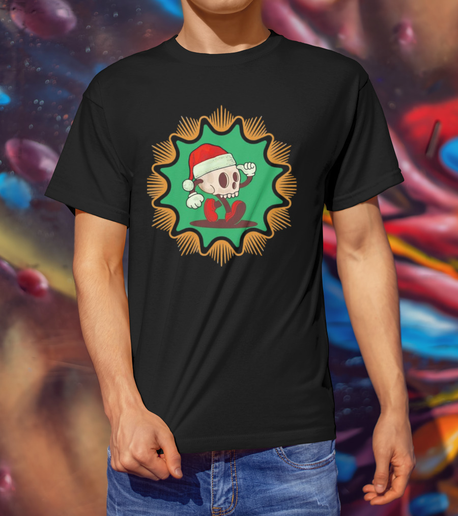 Skull Santa In Vintage Christmas Hat Badge T-Shirt