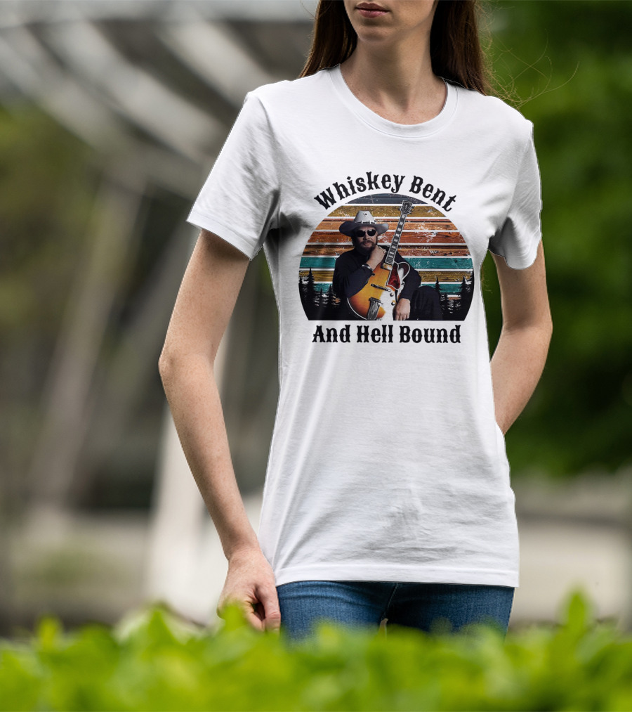 Whiskey Bent And Hell Bound Cowboy With Guitar Retro Sunset T-Shirt