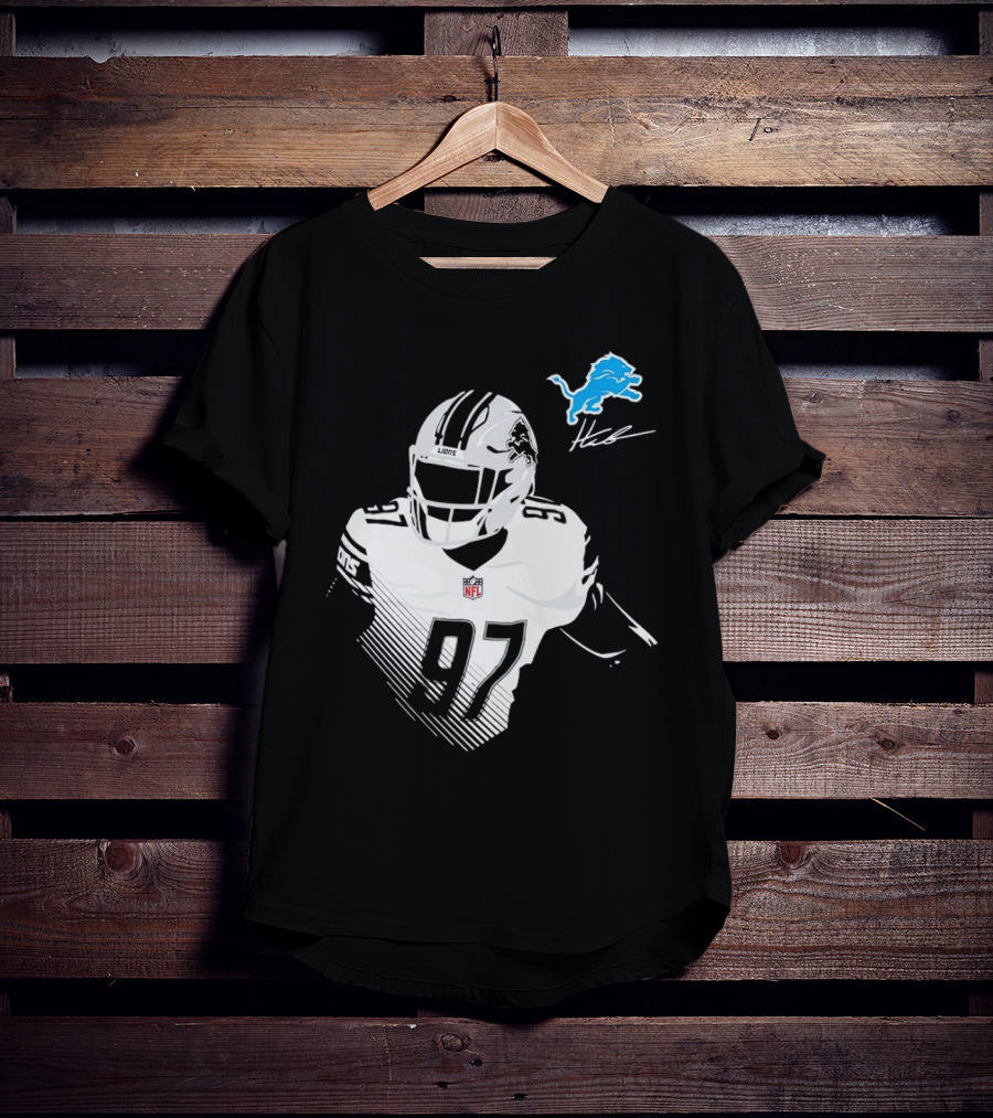 Aidan Hutchinson #97 Detroit Lions NFL Blue Lion Logo Football Player T-Shirt