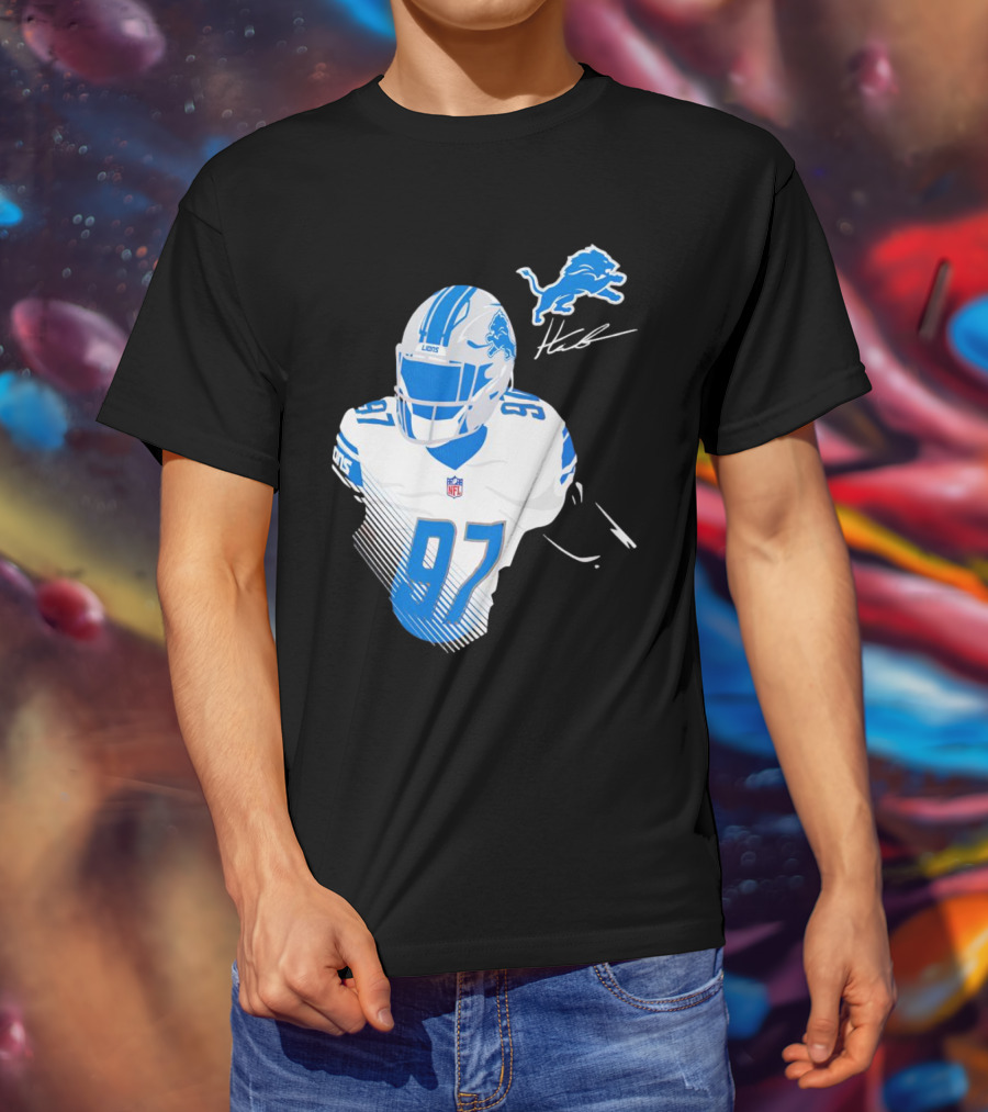 Aidan Hutchinson Detroit Lions Player Signature 97 NFL Logo Lions Helmet T-Shirt