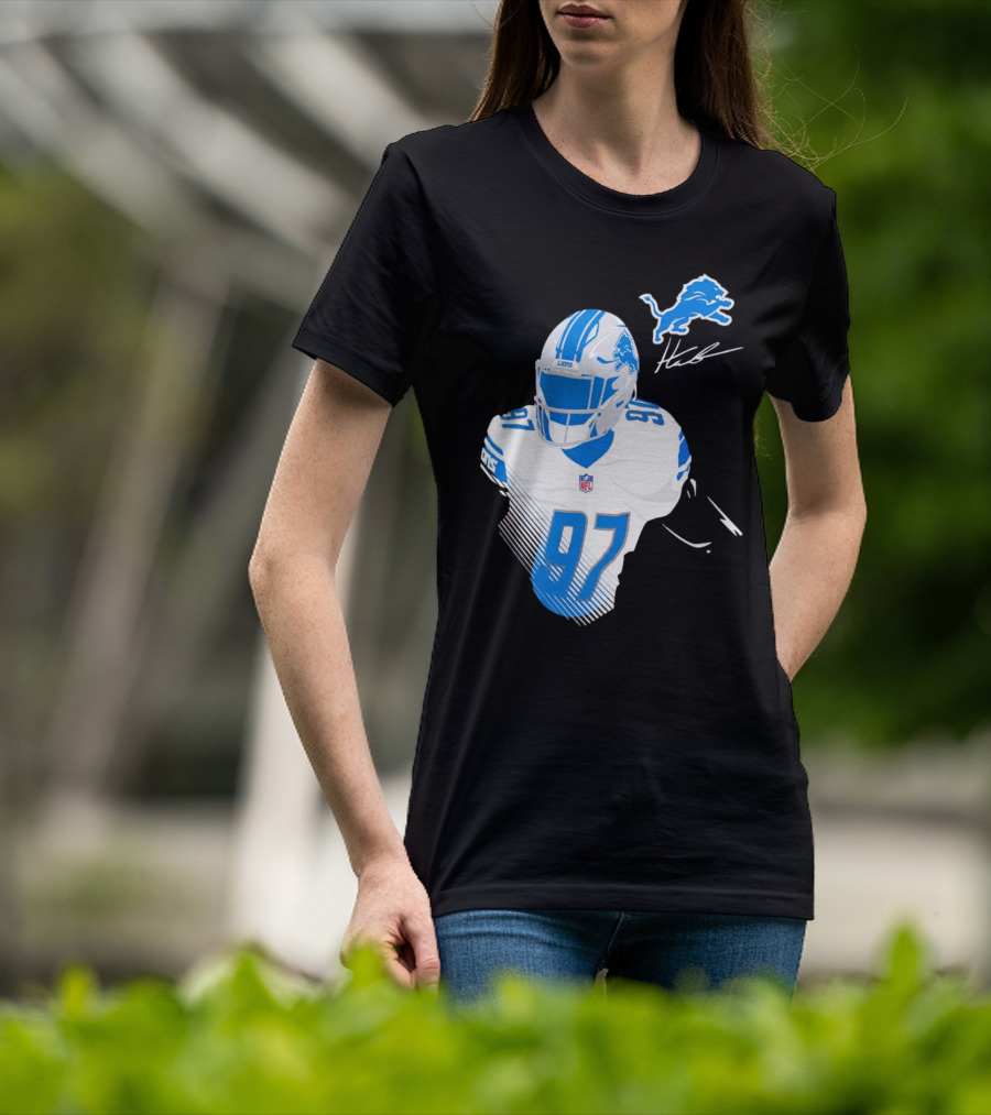 Aidan Hutchinson Detroit Lions Player Signature 97 NFL Logo Lions Helmet T-Shirt