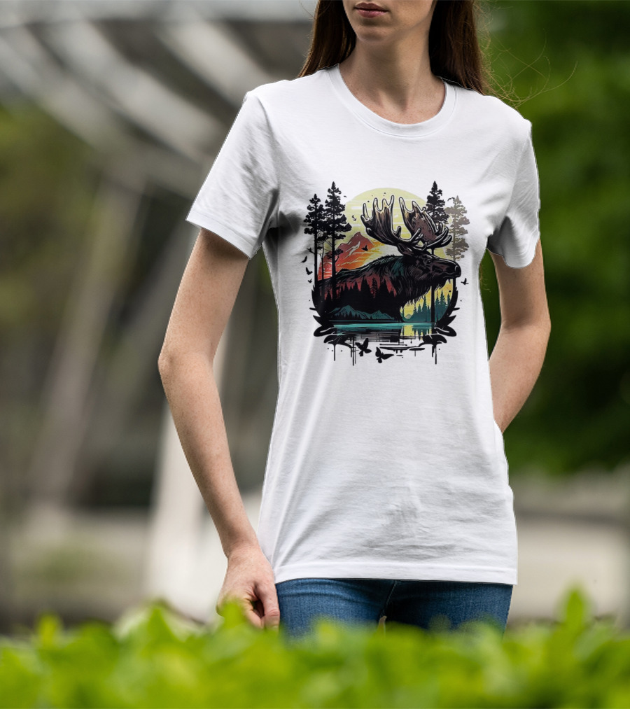 Moose In The Forest With Sunset And Mountain Landscape T-Shirt