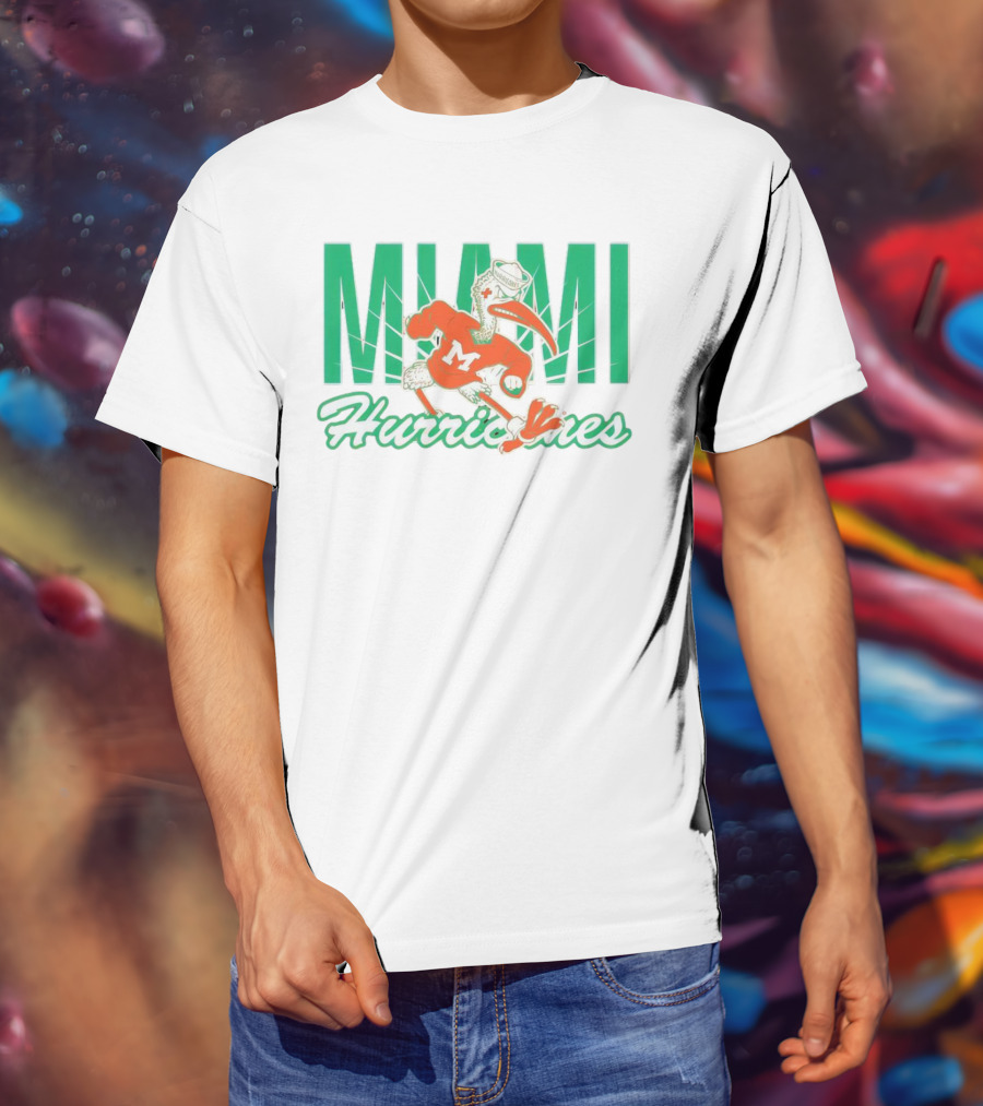 Miami Hurricanes Sebastian The Ibis Mascot With Bold Lettering T-Shirt