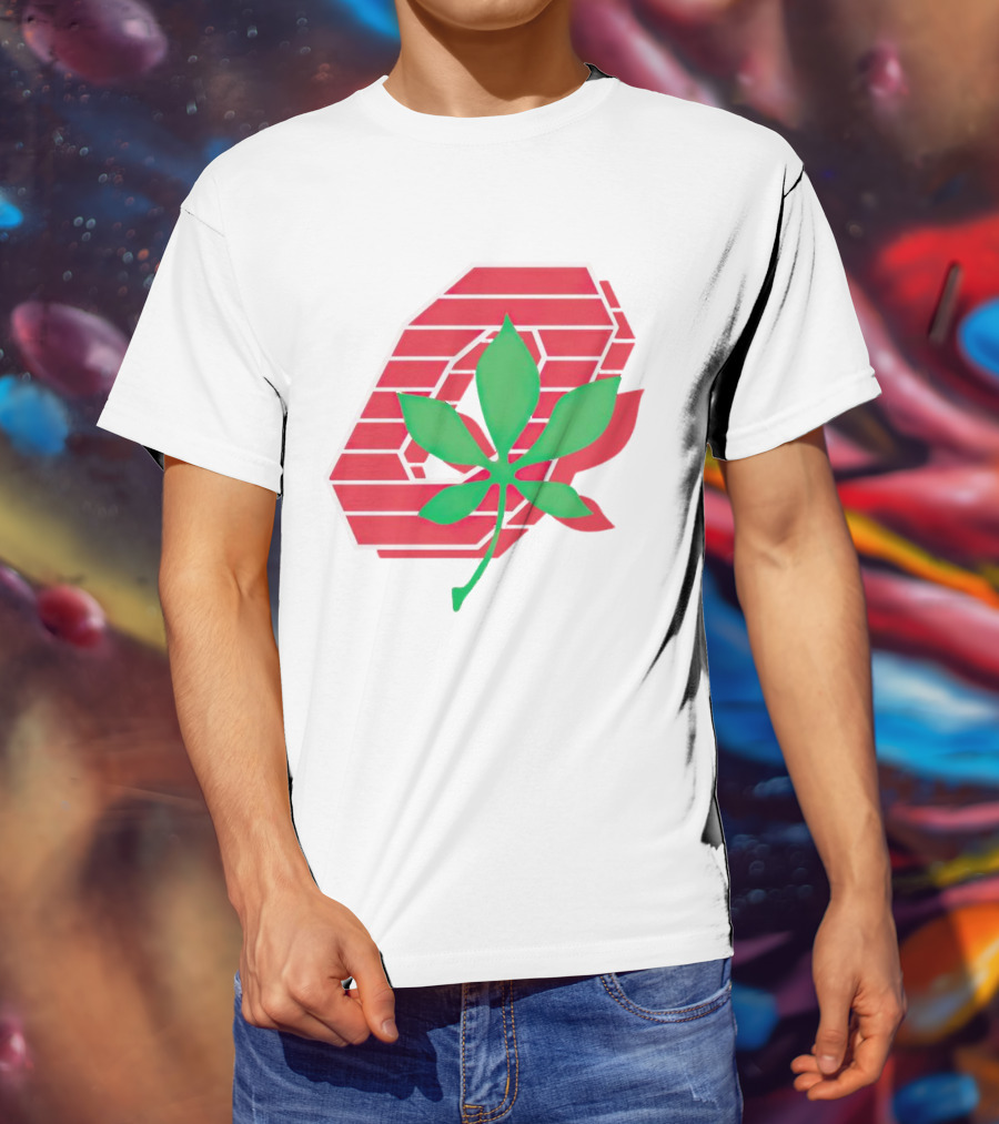 Ohio State Buckeyes Scarlet And Gray O With Green Leaf Emblem T-Shirt