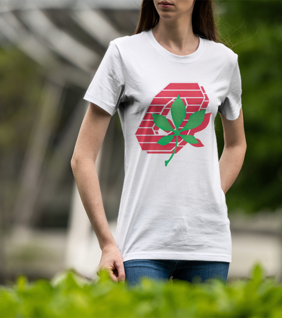 Ohio State Buckeyes Scarlet And Gray O With Green Leaf Emblem T-Shirt