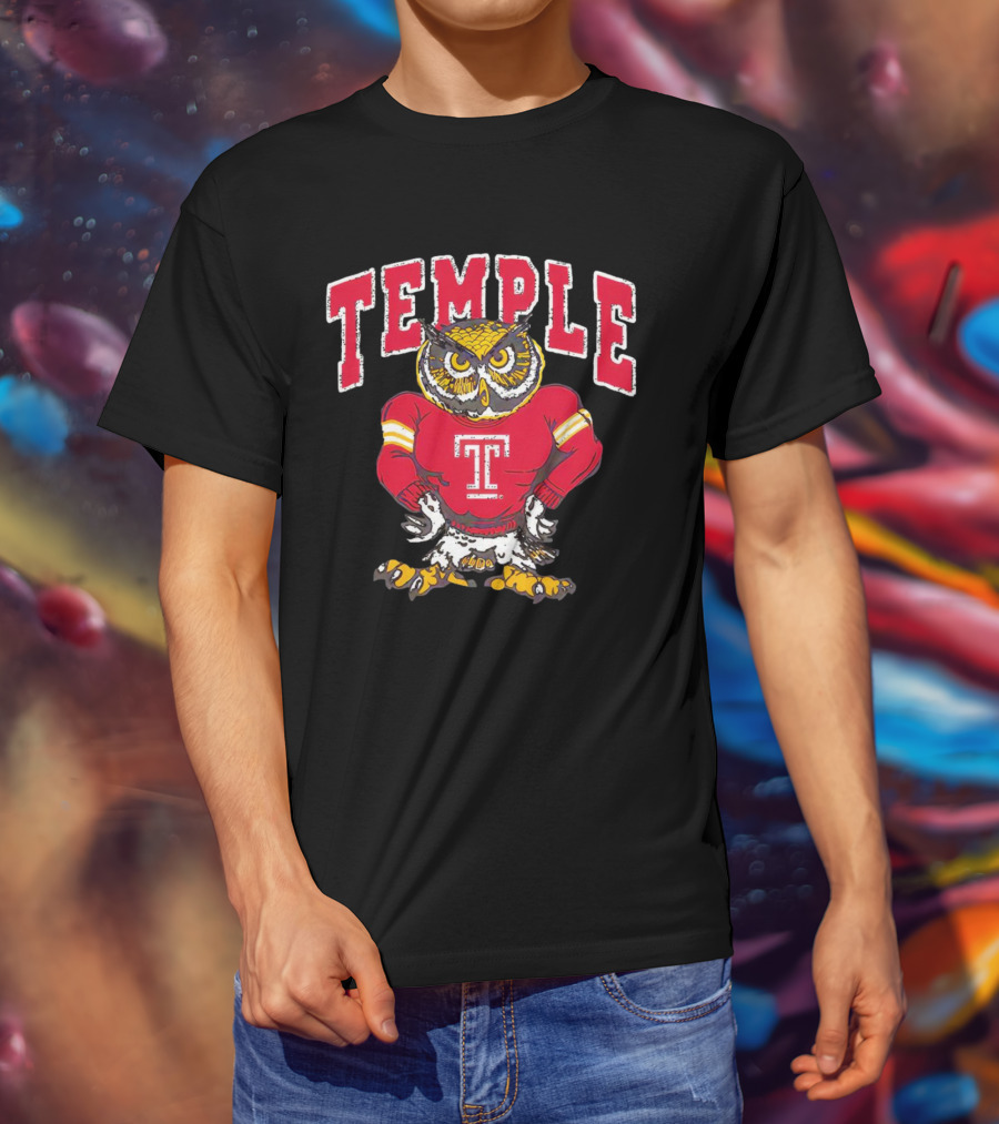 Temple Owls Football Mascot In Red Jersey With Bold Temple Text T-Shirt