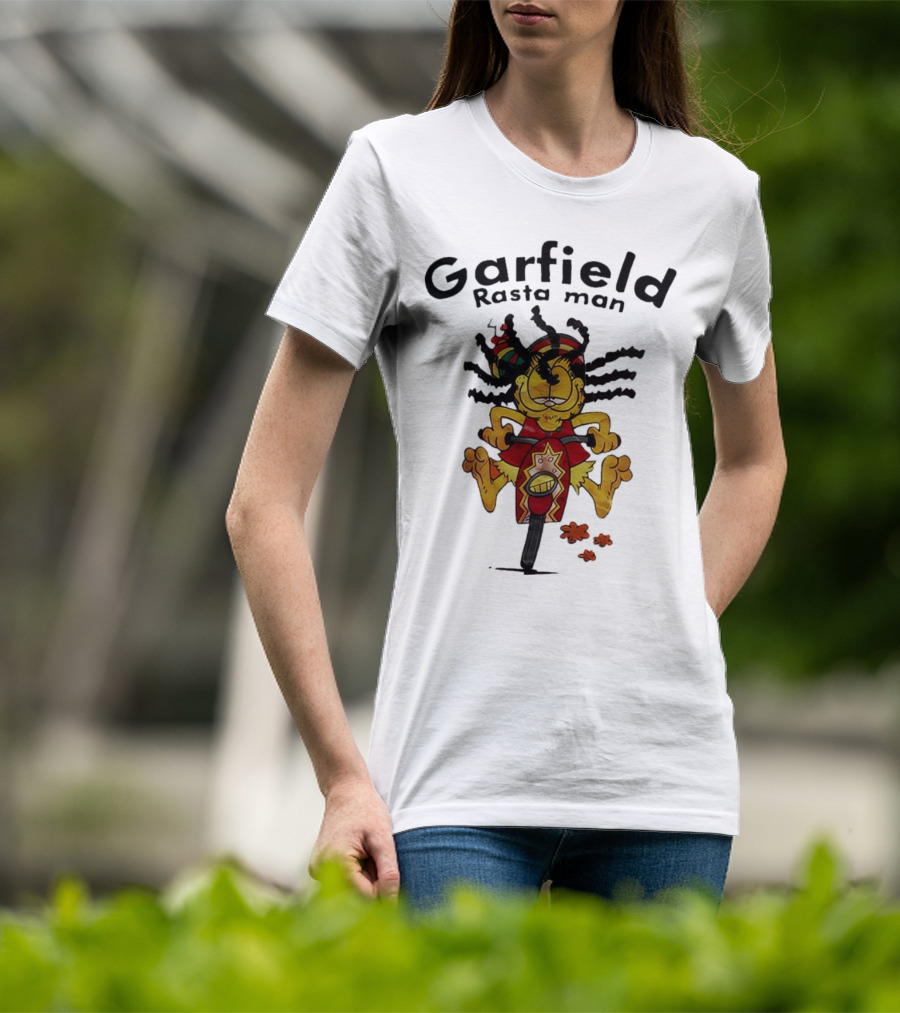 Garfield Rasta Man Dreadlocks Bicycle Whimsical Fun T-Shirt