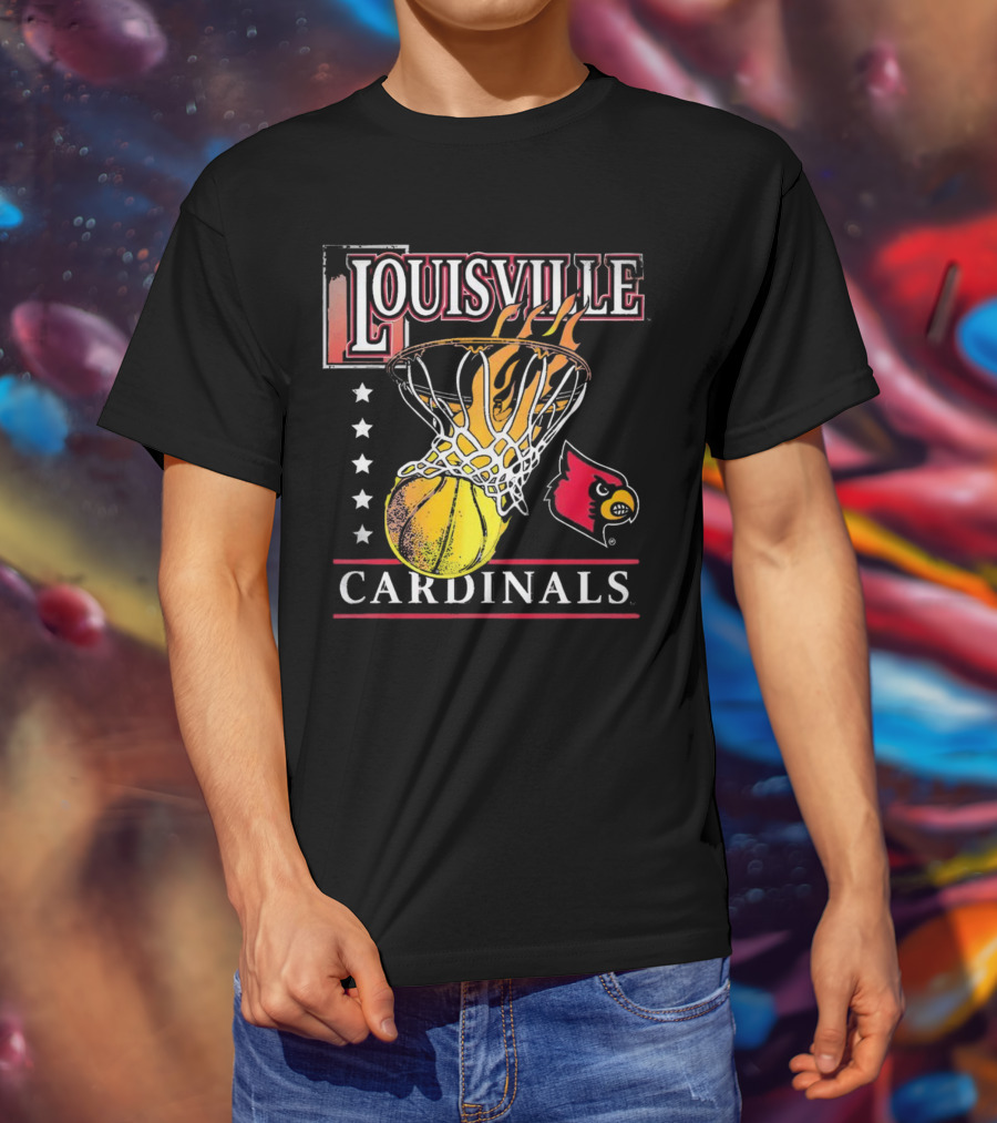 Louisville Cardinals Flaming Basketball Hoop T-Shirt
