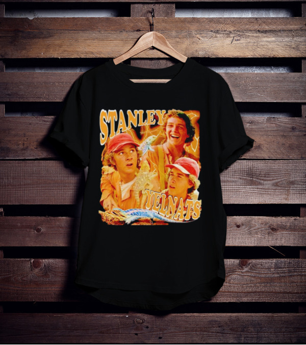 Stanley Yelnats Character Collage With Orange Background And Lizard T-Shirt