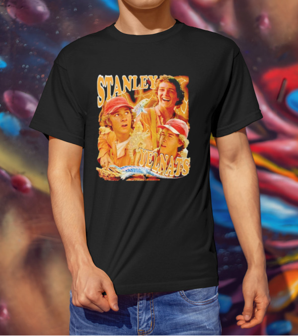 Stanley Yelnats Character Collage With Orange Background And Lizard T-Shirt