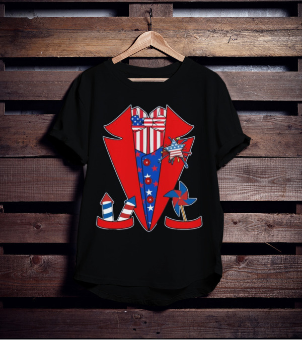 Patriotic Red White Blue Tuxedo With Stars Stripes And Rocket Pinwheels T-Shirt