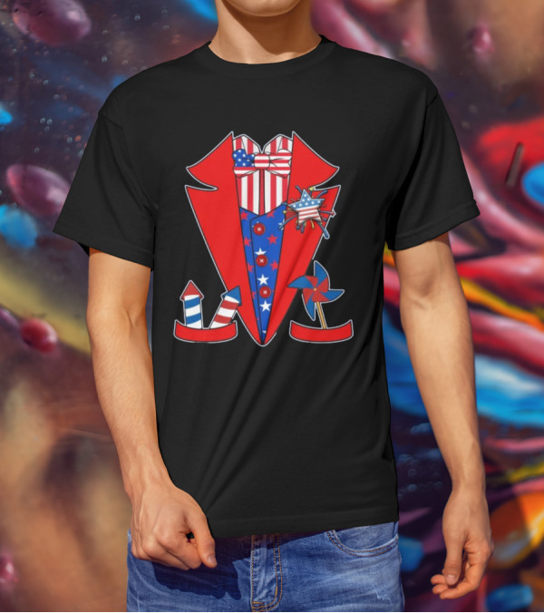 Patriotic Red White Blue Tuxedo With Stars Stripes And Rocket Pinwheels T-Shirt