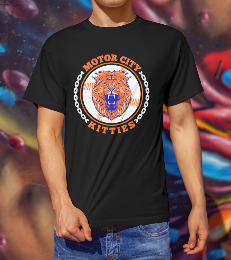 Motor City Kitties Baseball MLB Detroit Tigers Lion Chain Emblem T-Shirt