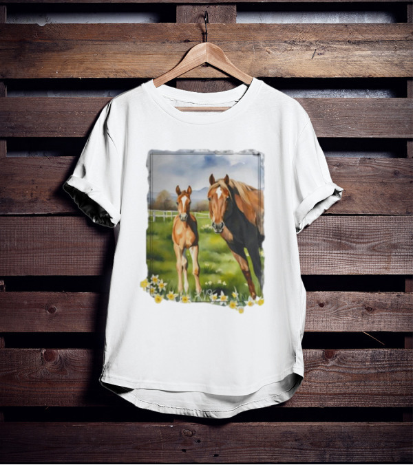 Ginger And Freddie Horses In Scenic Pasture With Daffodils T-Shirt