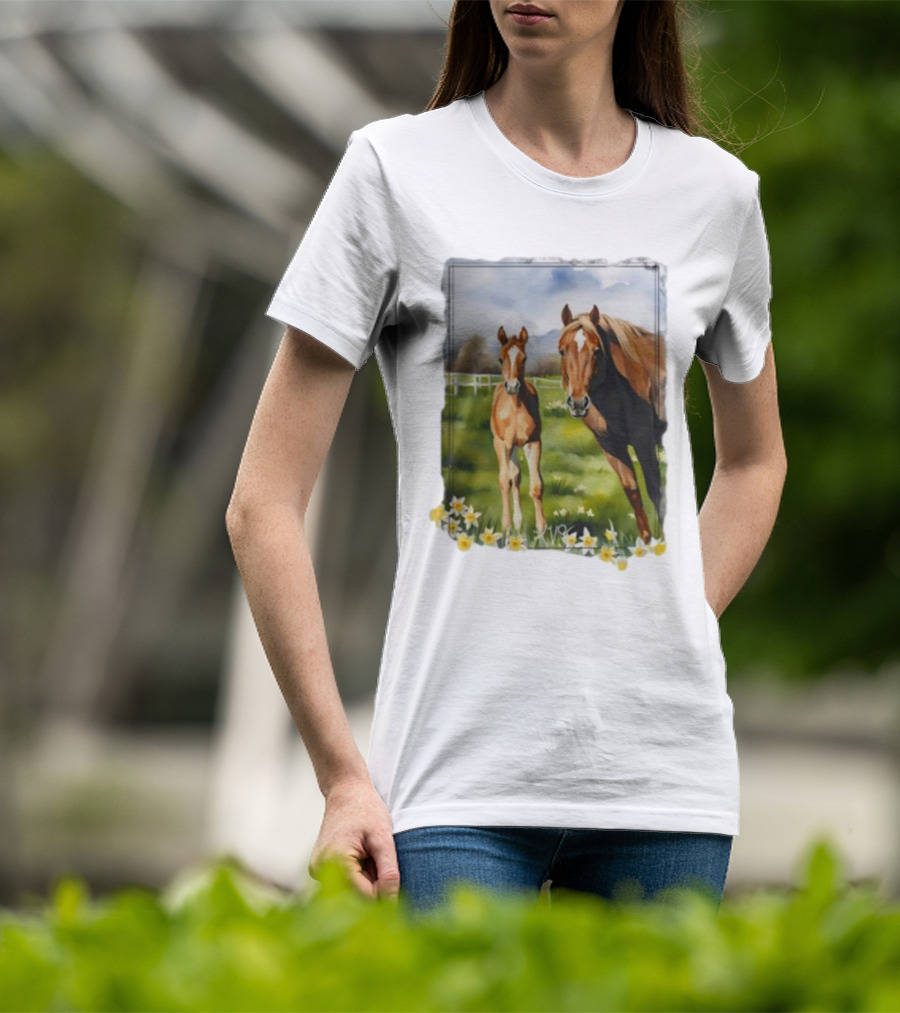 Ginger And Freddie Horses In Scenic Pasture With Daffodils T-Shirt