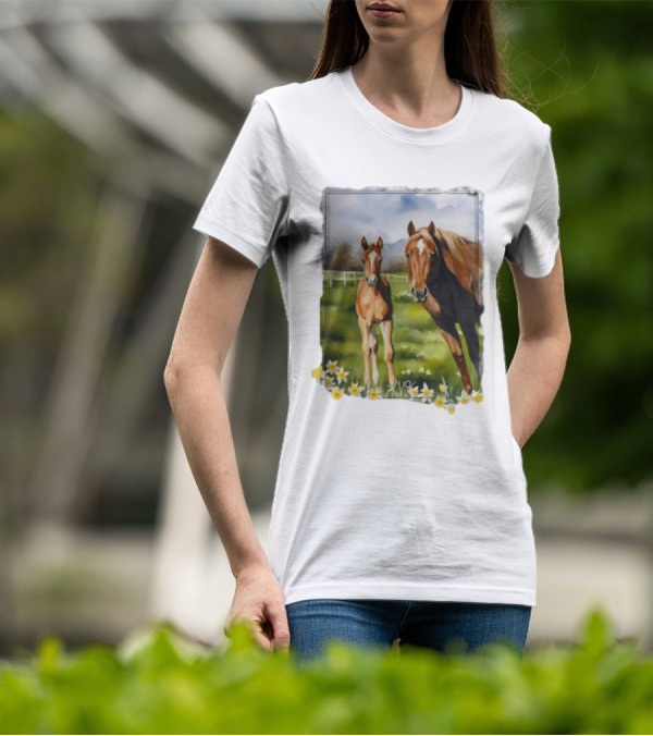 Ginger And Freddie Horses In Scenic Pasture With Daffodils T-Shirt