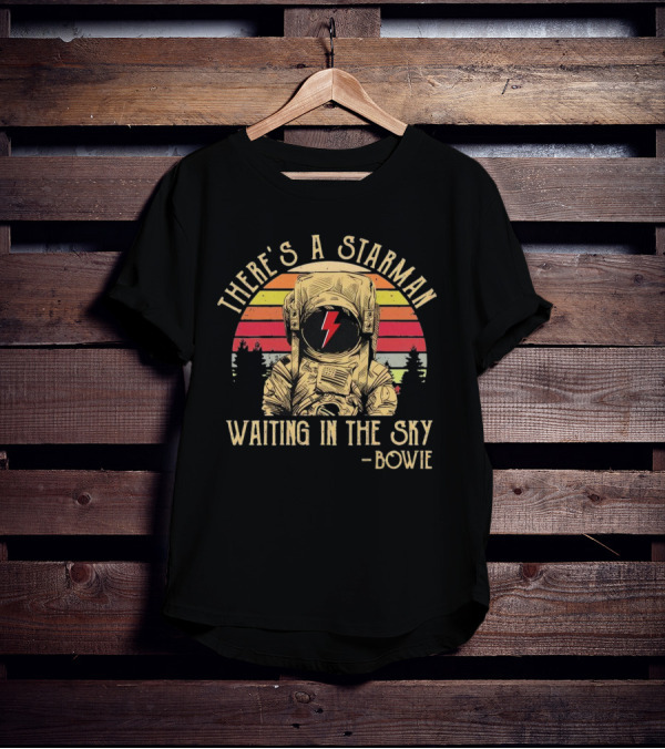 There's A Starman Waiting In The Sky Bowie Vintage Astronaut Rainbow Lightning T-Shirt