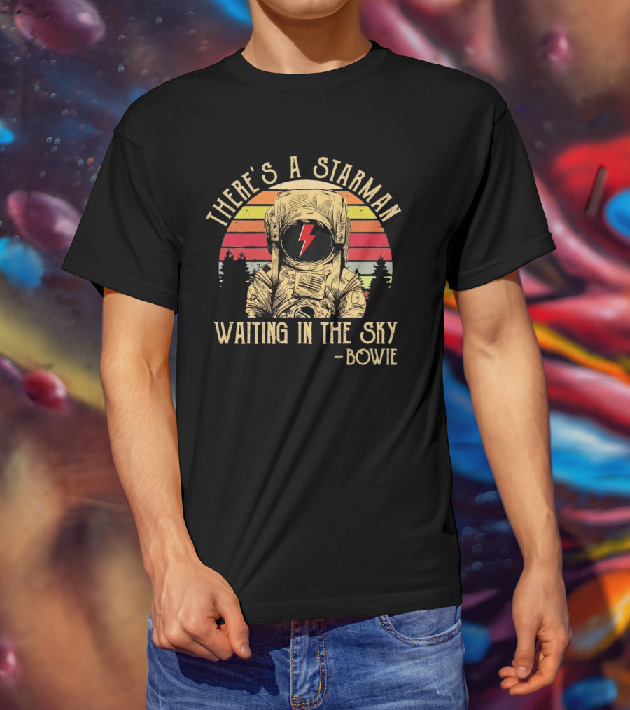 There's A Starman Waiting In The Sky Bowie Vintage Astronaut Rainbow Lightning T-Shirt