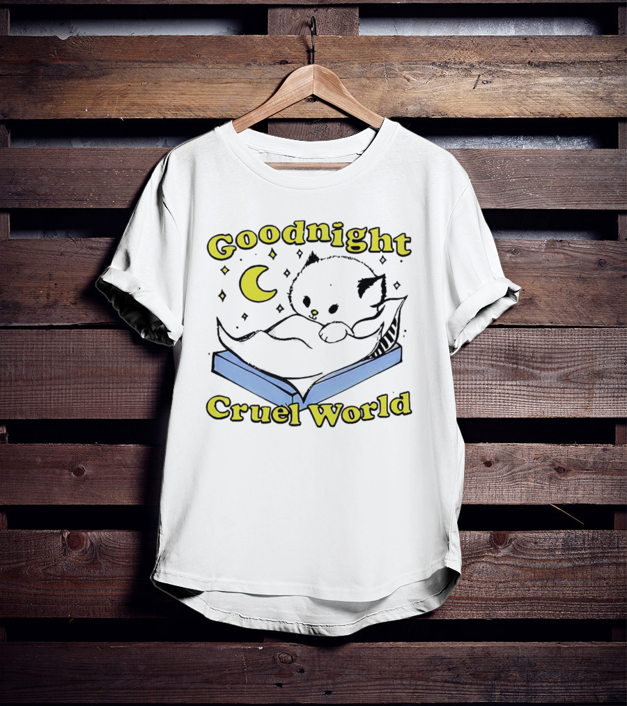 Goodnight Cruel World Cat On Open Book With Moon And Stars T-Shirt