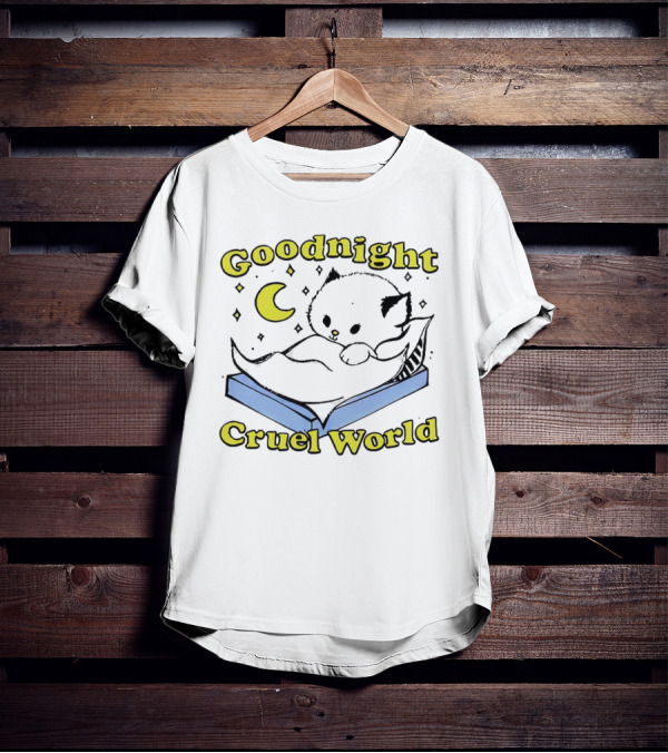 Goodnight Cruel World Cat On Open Book With Moon And Stars T-Shirt