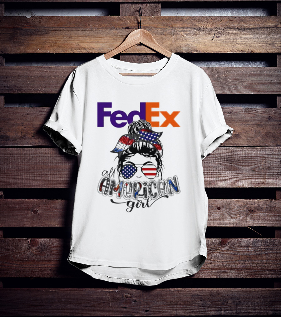 FedEx All American Girl Messy Bun Bandana And Sunglasses With Flag Elements T-Shirt