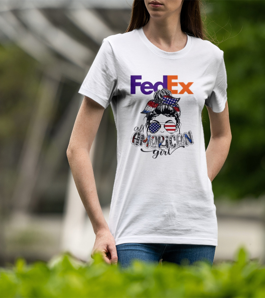 FedEx All American Girl Messy Bun Bandana And Sunglasses With Flag Elements T-Shirt