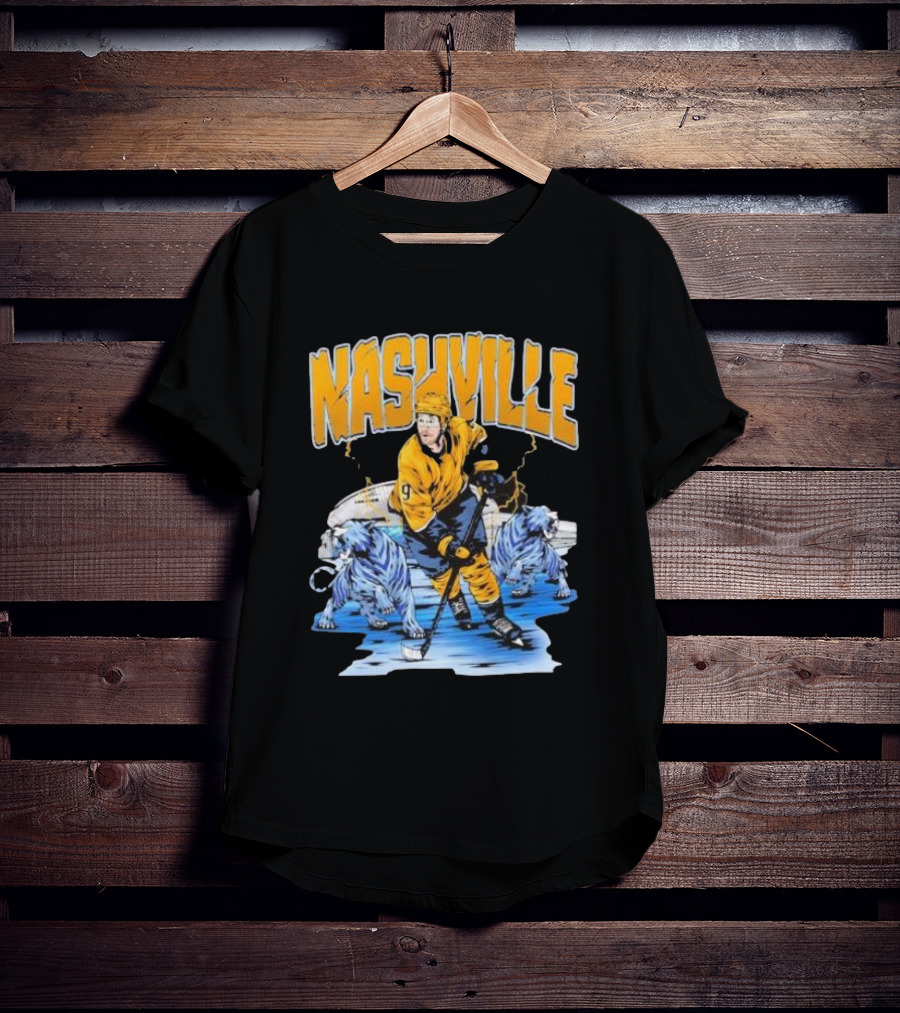 Nashville Predators Filip Forsberg Hockey Number 9 Action With Ice Background And Predators Lions T-Shirt